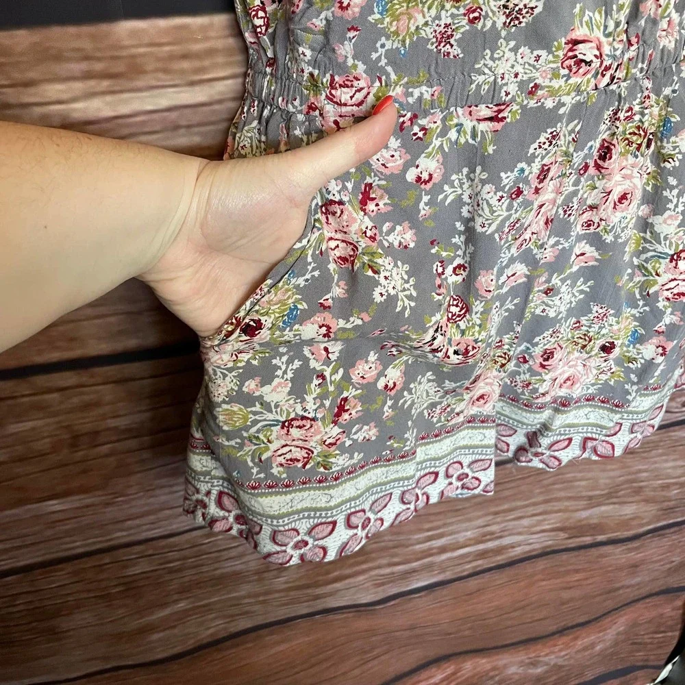 Romper Halter Top S Angie Gray Grey Floral Pockets Shirred Back Light Weight - Picture 3 of 8